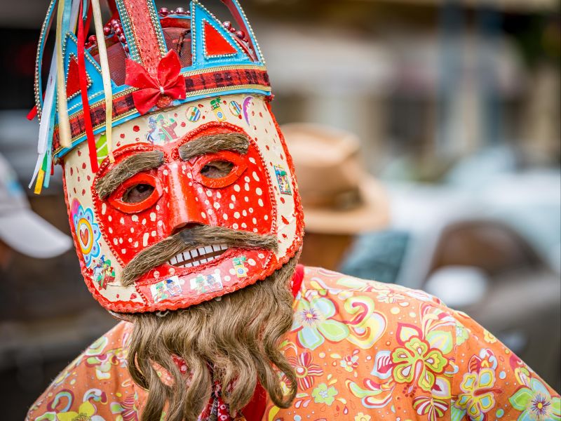 pessoa vestindo um máscara colorida e típica da Folia de Reis