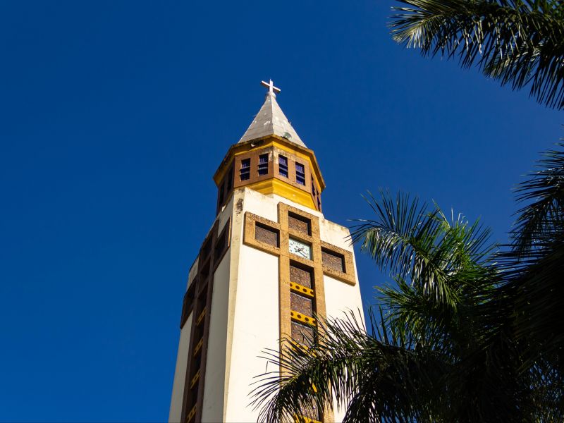 Vista de baixo para cima de uma das torres da Basílica Matriz de Campinas